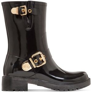 Vince Camuto Black Rain Boots with Gold Buckles